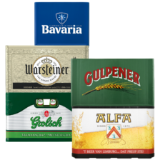 Warsteiner, Gulpener,
Grolsch of Alfa bier
krat van 16/24 flesjes
à 30/45 cl of Bavaria
krat van 12 flesjes à 30 cl